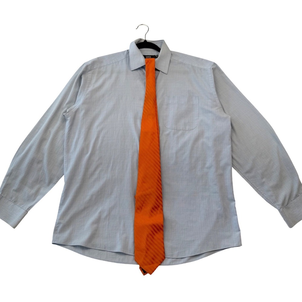 Marks & Spencer Dress Shirt Tie Set Blue Micro Check Orange Striped 15.5 39-40 - Picture 1 of 5